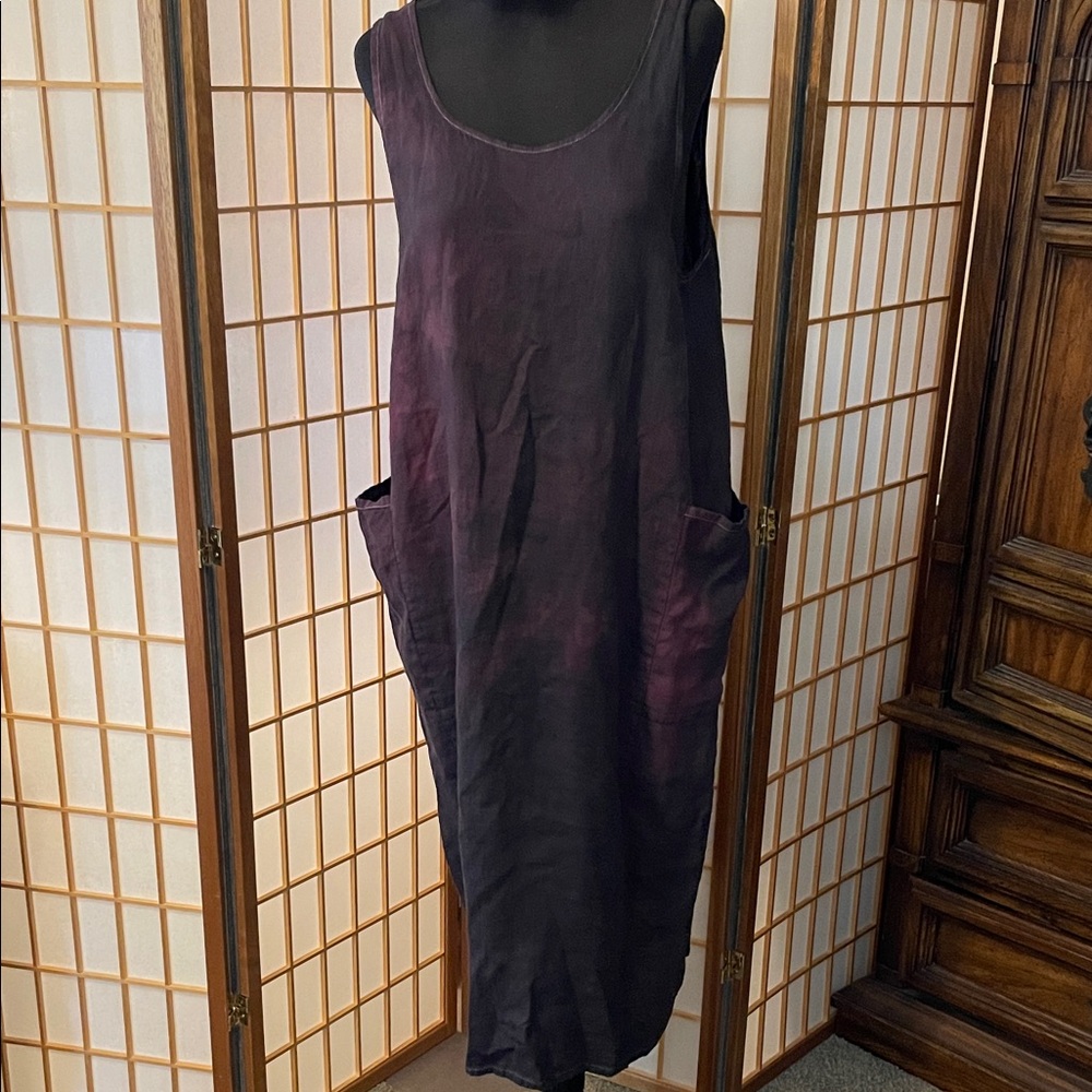 FLAX Purple Pink Tye Dye Sleeveless Midi Dress with Pockets
